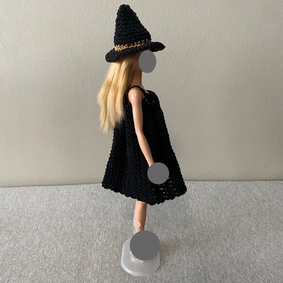 Handmade Crochet Halloween Black Gold Witch Outfit for 29cm Doll 2-Piece Set - Picture 8 of 12